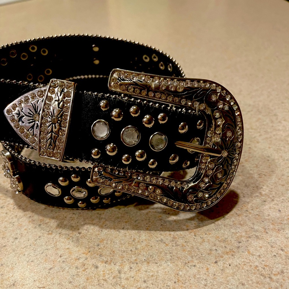 High quality, bling leather belt black with rhinestones and studs size S
